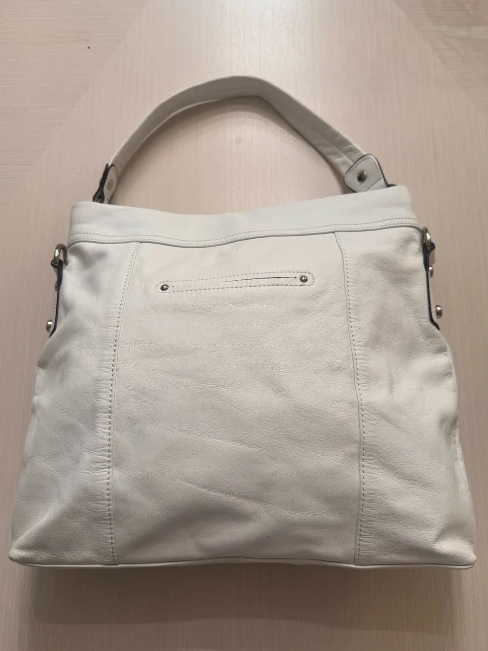 B. Makowsky Alexis White Leather Fringe Chain Hobo Shoulder Bag Large
